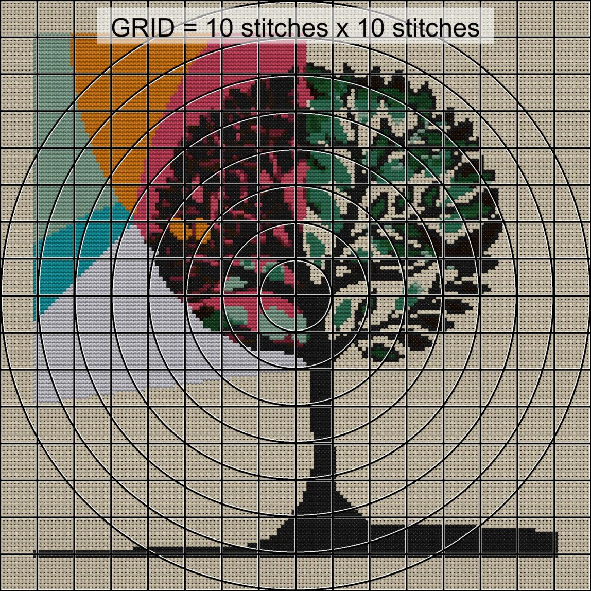 modern-tree-of-life zoomed stitching detail modern-tree-of-life close-up cross stitch detail showing color changes, confetti areas and stitch texture