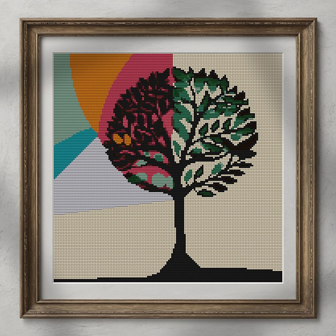 modern-tree-of-life alternative framed mockup modern-tree-of-life alternative framed cross stitch mockup, realistic finished embroidery presentation
