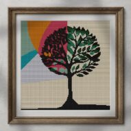 modern-tree-of-life alternative framed cross stitch mockup, realistic finished embroidery presentation