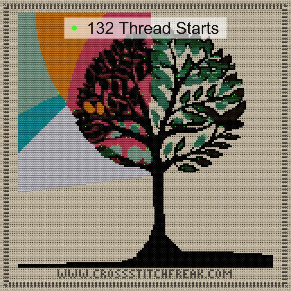 modern-tree-of-life thread start point map modern-tree-of-life cross stitch start point map with highlighted thread start positions in the full design