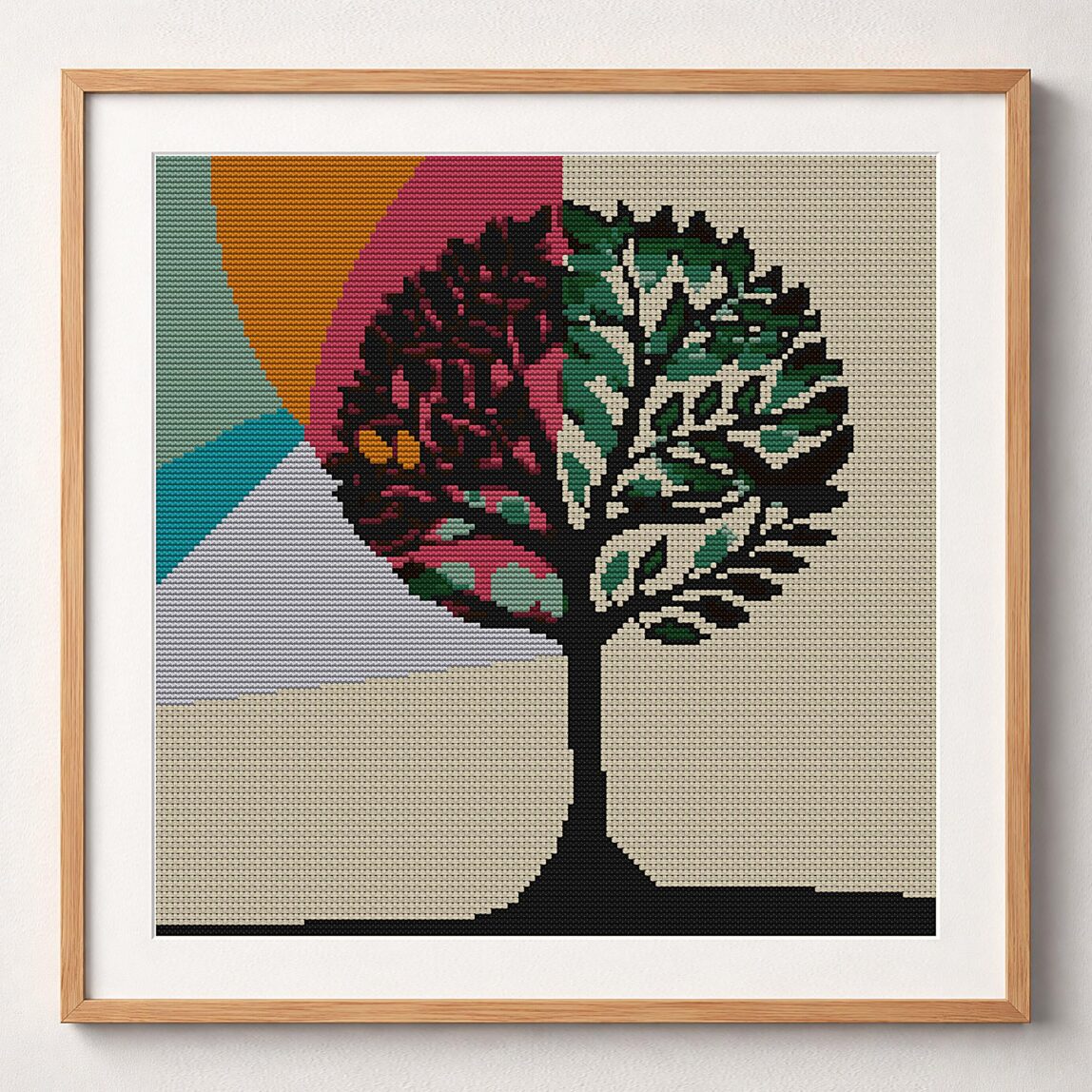 modern-tree-of-life framed cross stitch mockup modern-tree-of-life framed cross stitch mockup, realistic finished embroidery design, PDF pattern digital download