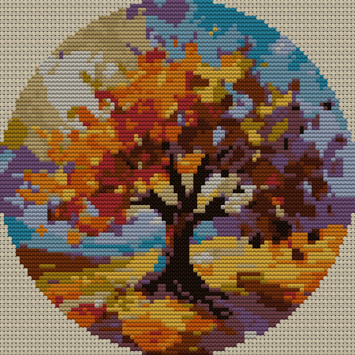 autumn-deciduous-tree full cross stitch design mockup without frame, realistic embroidery preview
