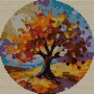 autumn-deciduous-tree full cross stitch design mockup without frame, realistic embroidery preview