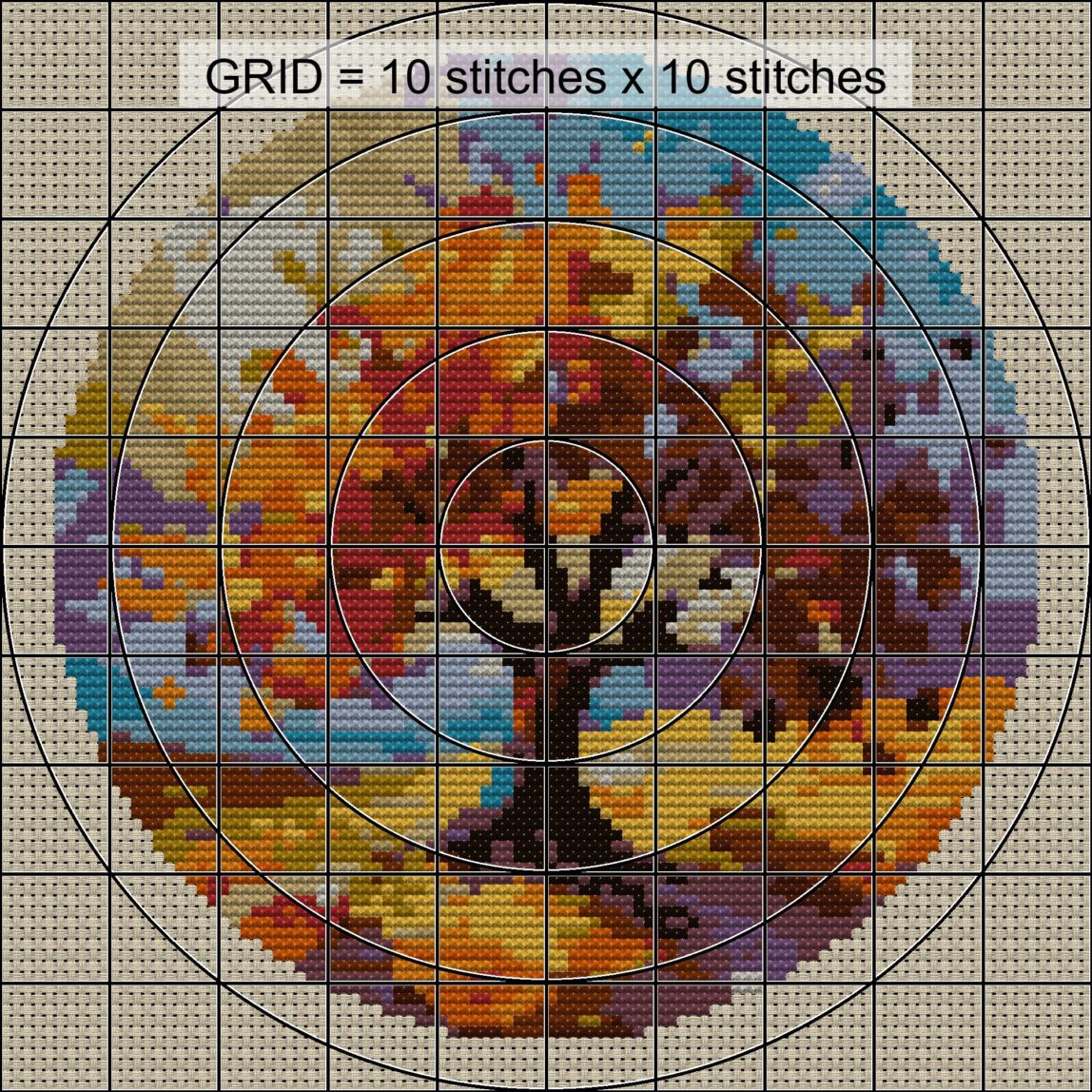 autumn-deciduous-tree close-up cross stitch detail showing color changes, confetti areas and stitch texture
