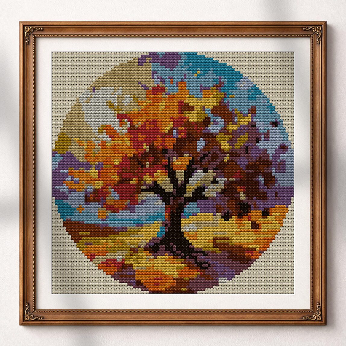 autumn-deciduous-tree alternative framed cross stitch mockup, realistic finished embroidery presentation