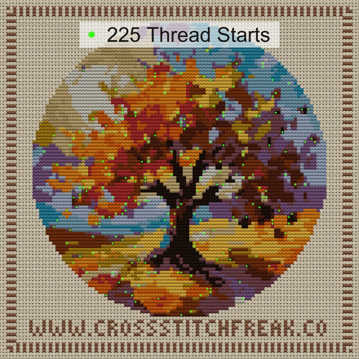 autumn-deciduous-tree cross stitch start point map with highlighted thread start positions in the full design