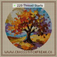 autumn-deciduous-tree cross stitch start point map with highlighted thread start positions in the full design