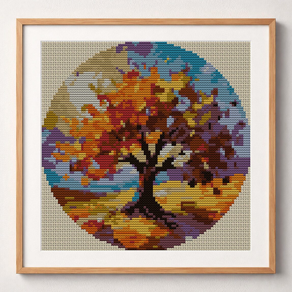 autumn-deciduous-tree framed cross stitch mockup, realistic finished embroidery design, PDF pattern digital download