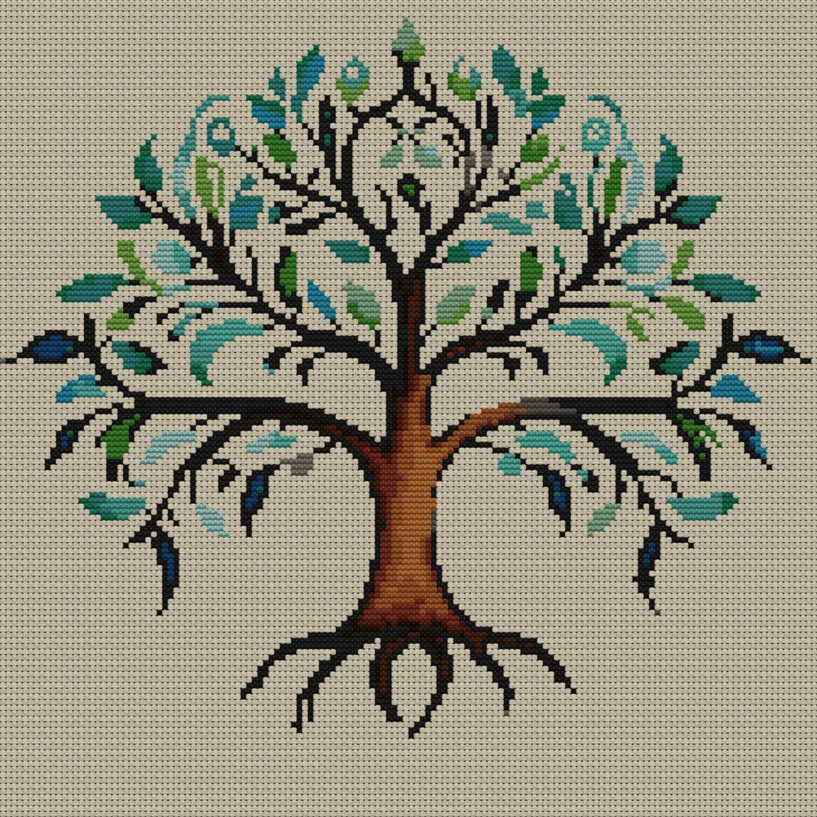 delicate-tree-of-life full cross stitch design mockup without frame, realistic embroidery preview