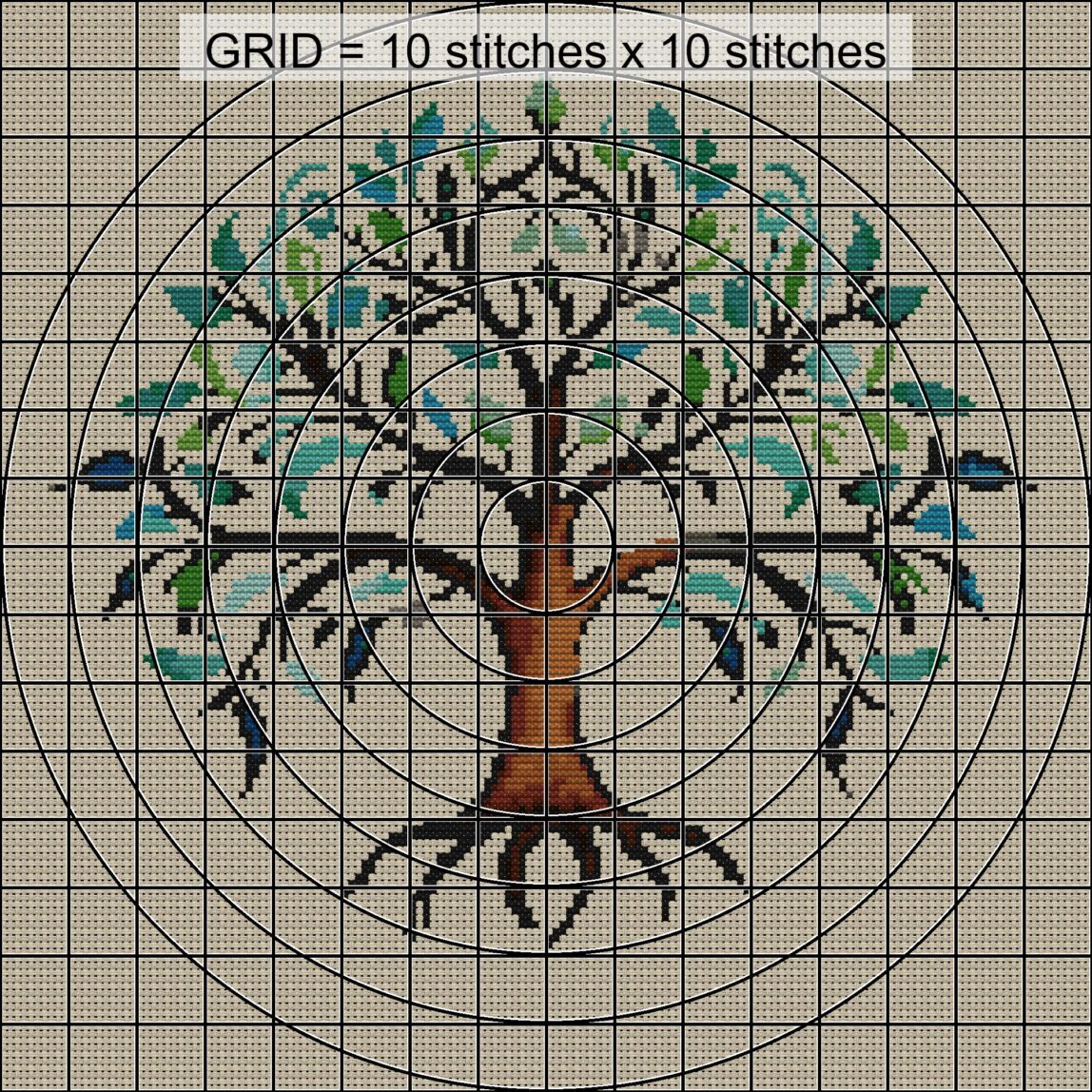 delicate-tree-of-life close-up cross stitch detail showing color changes, confetti areas and stitch texture