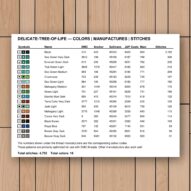 delicate-tree-of-life thread color chart with DMC, Anchor, Sullivans, J&P Coats and Maxi color references