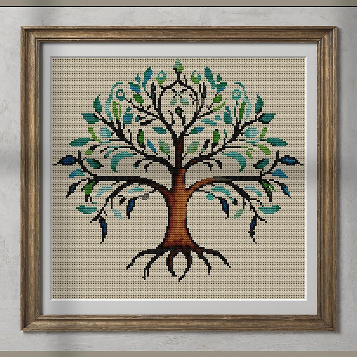 delicate-tree-of-life alternative framed cross stitch mockup, realistic finished embroidery presentation