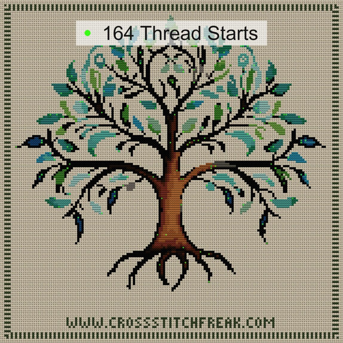 delicate-tree-of-life cross stitch start point map with highlighted thread start positions in the full design