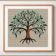 delicate-tree-of-life framed cross stitch mockup, realistic finished embroidery design, PDF pattern digital download