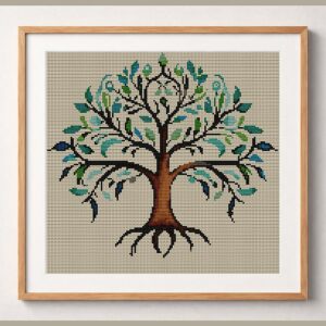 delicate-tree-of-life framed cross stitch mockup, realistic finished embroidery design, PDF pattern digital download