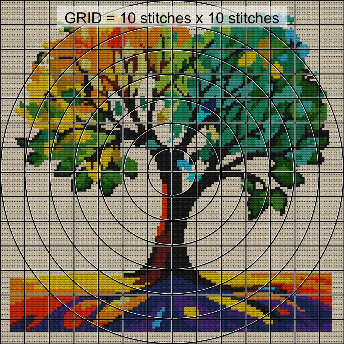 impressionist-tree zoomed stitching detail impressionist-tree close-up cross stitch detail showing color changes, confetti areas and stitch texture