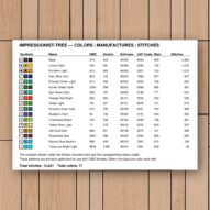 impressionist-tree thread color chart with DMC, Anchor, Sullivans, J&P Coats and Maxi color references