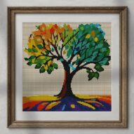 impressionist-tree alternative framed cross stitch mockup, realistic finished embroidery presentation