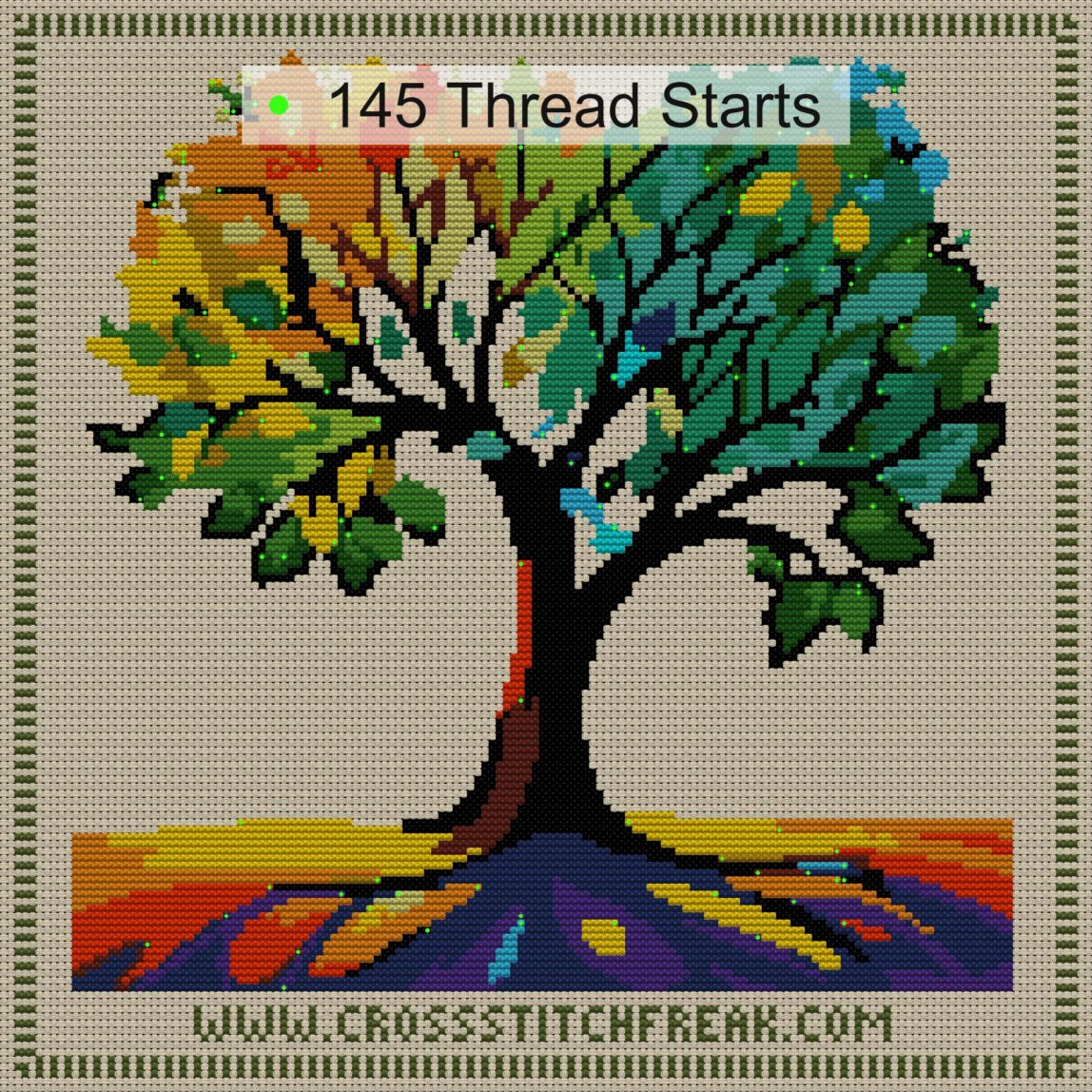 impressionist-tree thread start point map impressionist-tree cross stitch start point map with highlighted thread start positions in the full design