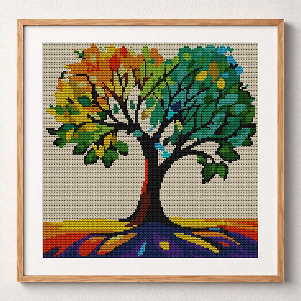 impressionist-tree framed cross stitch mockup impressionist-tree framed cross stitch mockup, realistic finished embroidery design, PDF pattern digital download
