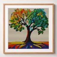 impressionist-tree framed cross stitch mockup, realistic finished embroidery design, PDF pattern digital download