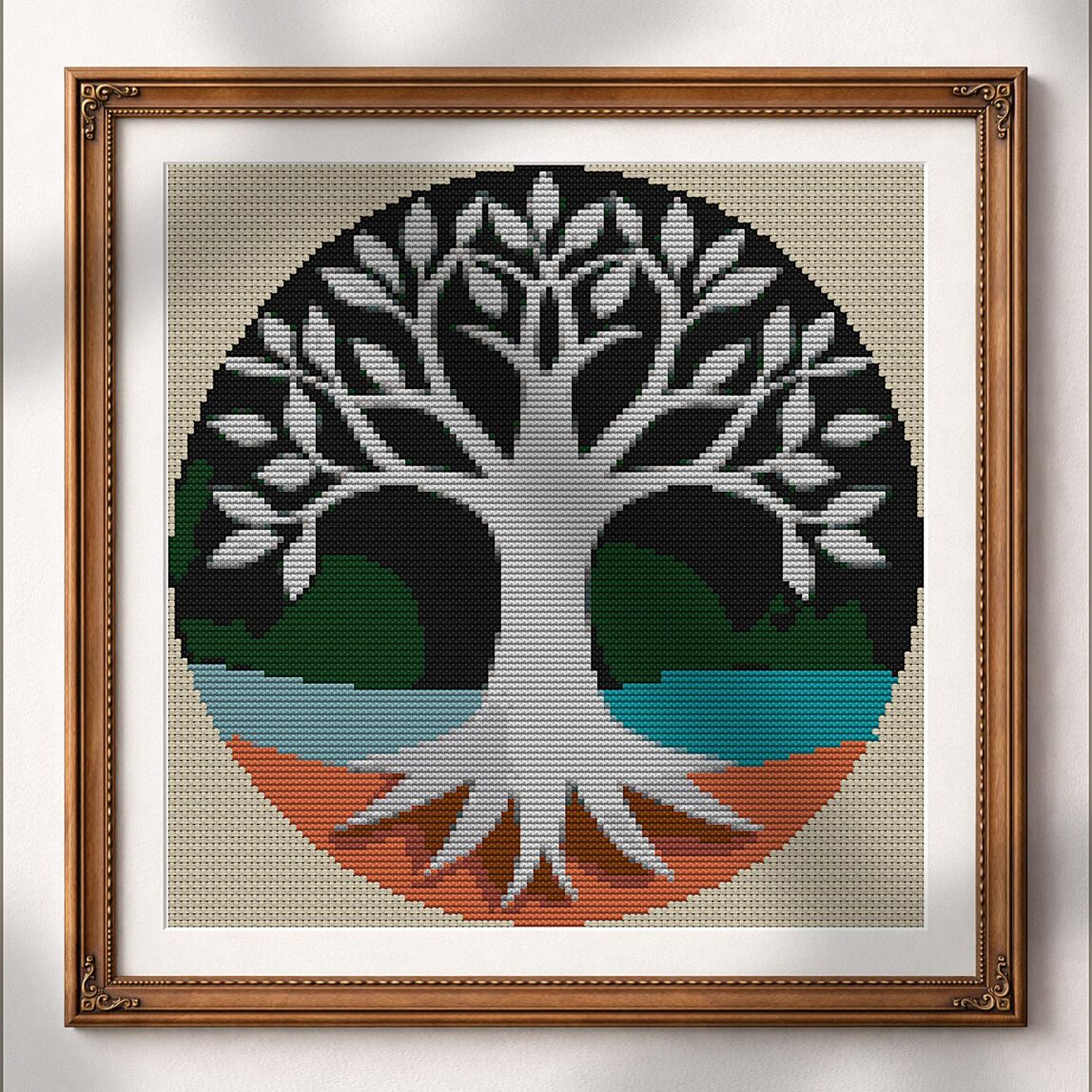 simple-tree-of-life alternative framed mockup simple-tree-of-life alternative framed cross stitch mockup, realistic finished embroidery presentation