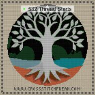 simple-tree-of-life cross stitch start point map with highlighted thread start positions in the full design