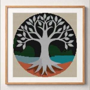 simple-tree-of-life framed cross stitch mockup, realistic finished embroidery design, PDF pattern digital download