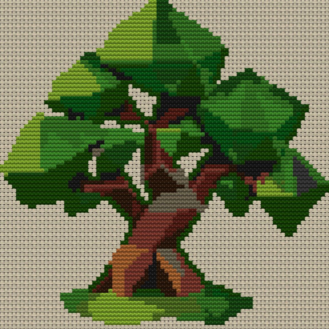 cubist-tree full cross stitch design mockup without frame, realistic embroidery preview
