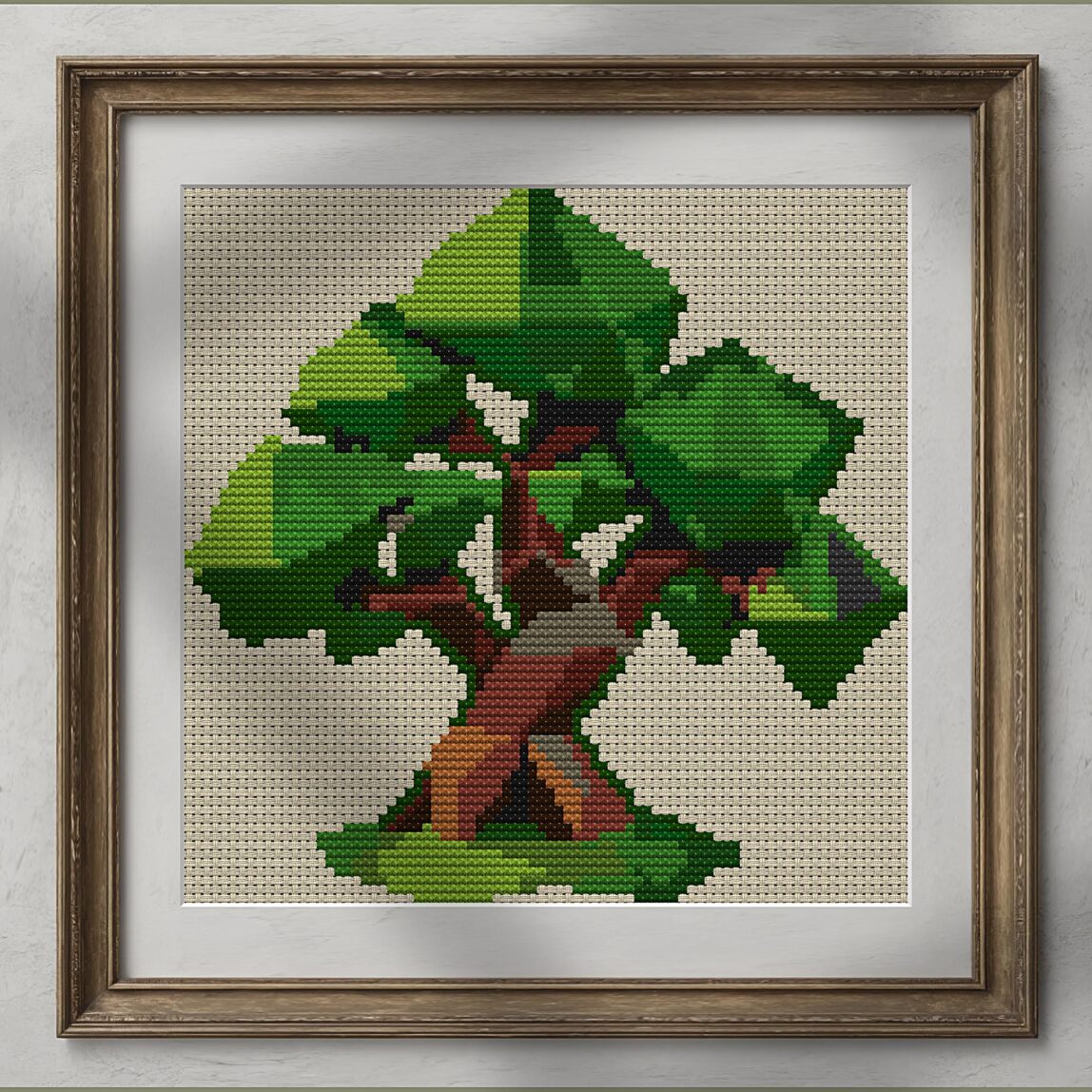 cubist-tree alternative framed cross stitch mockup, realistic finished embroidery presentation