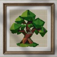 cubist-tree alternative framed cross stitch mockup, realistic finished embroidery presentation