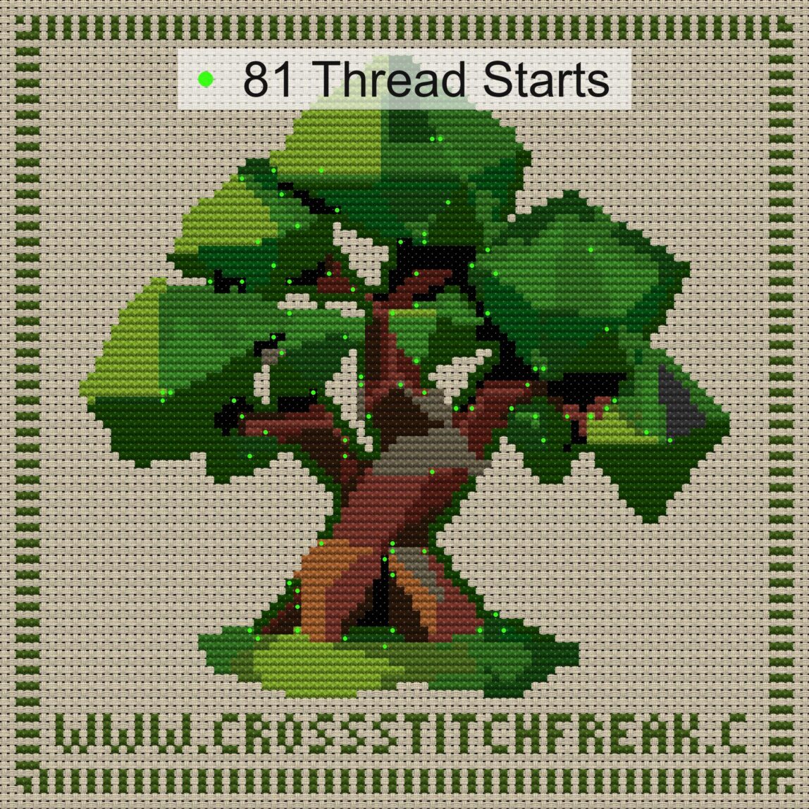 cubist-tree cross stitch start point map with highlighted thread start positions in the full design