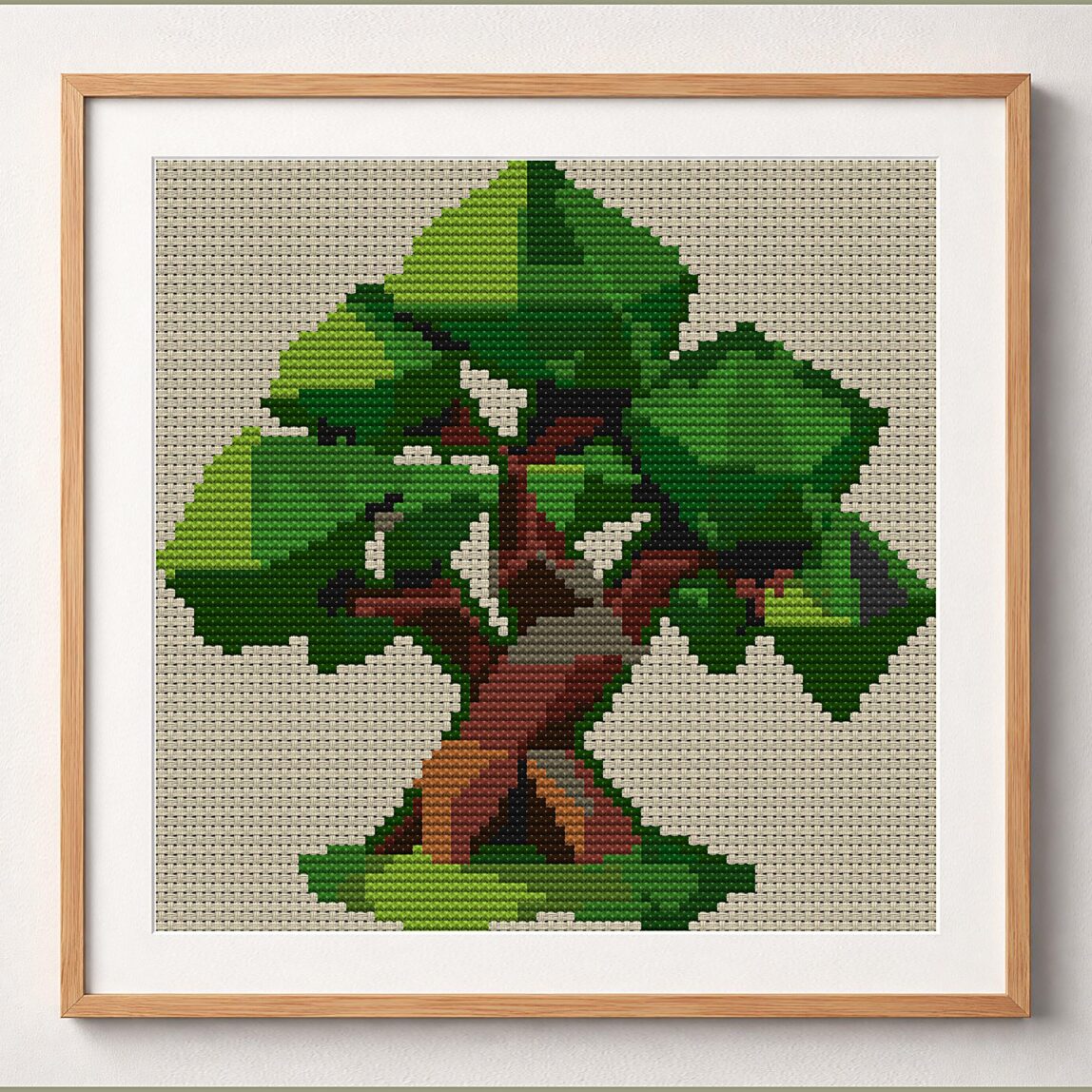 cubist-tree framed cross stitch mockup, realistic finished embroidery design, PDF pattern digital download