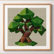cubist-tree framed cross stitch mockup, realistic finished embroidery design, PDF pattern digital download