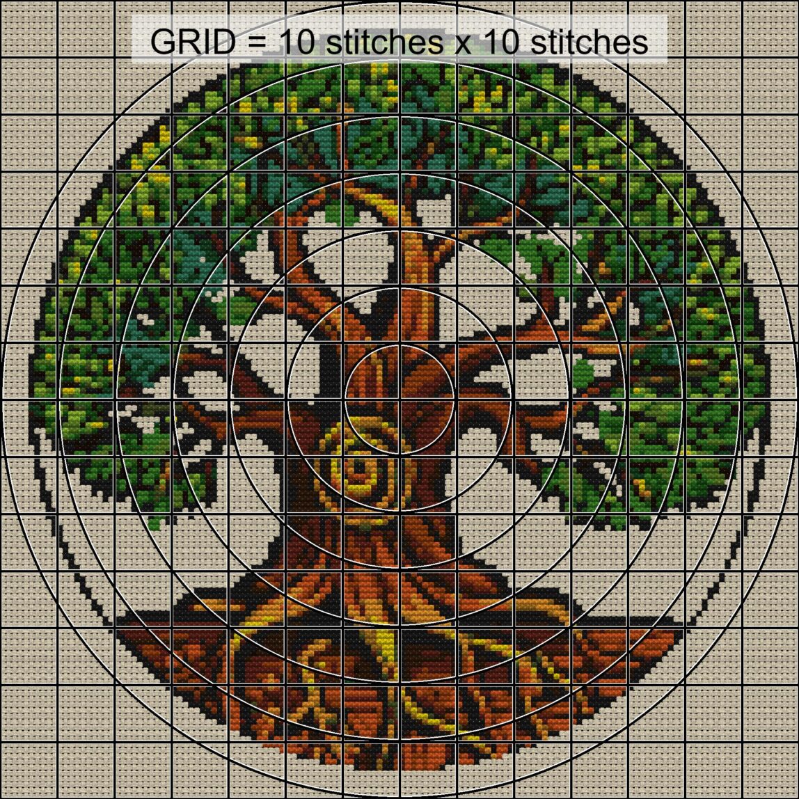 thick-trunk-tree close-up cross stitch detail showing color changes, confetti areas and stitch texture