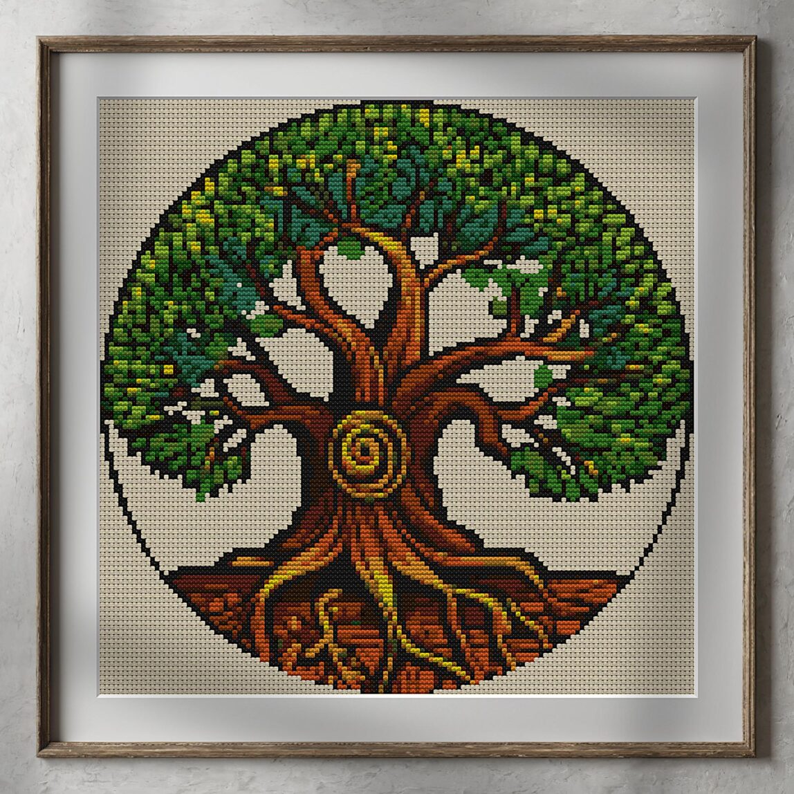 thick-trunk-tree alternative framed cross stitch mockup, realistic finished embroidery presentation