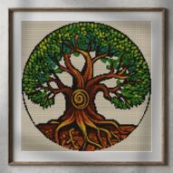 thick-trunk-tree alternative framed cross stitch mockup, realistic finished embroidery presentation