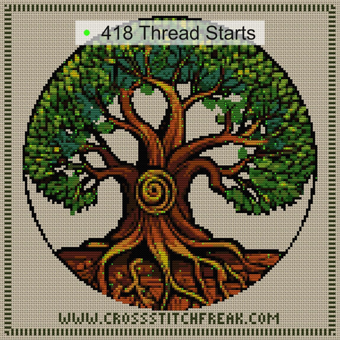 thick-trunk-tree cross stitch start point map with highlighted thread start positions in the full design