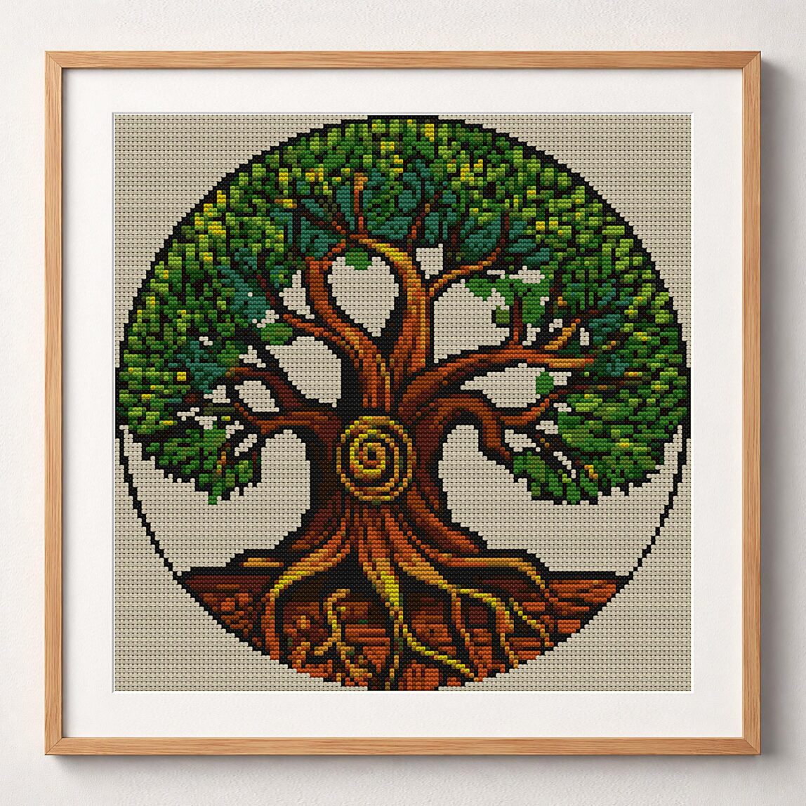 thick-trunk-tree framed cross stitch mockup, realistic finished embroidery design, PDF pattern digital download