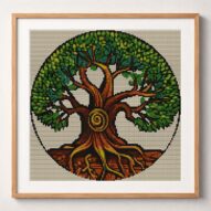 thick-trunk-tree framed cross stitch mockup, realistic finished embroidery design, PDF pattern digital download