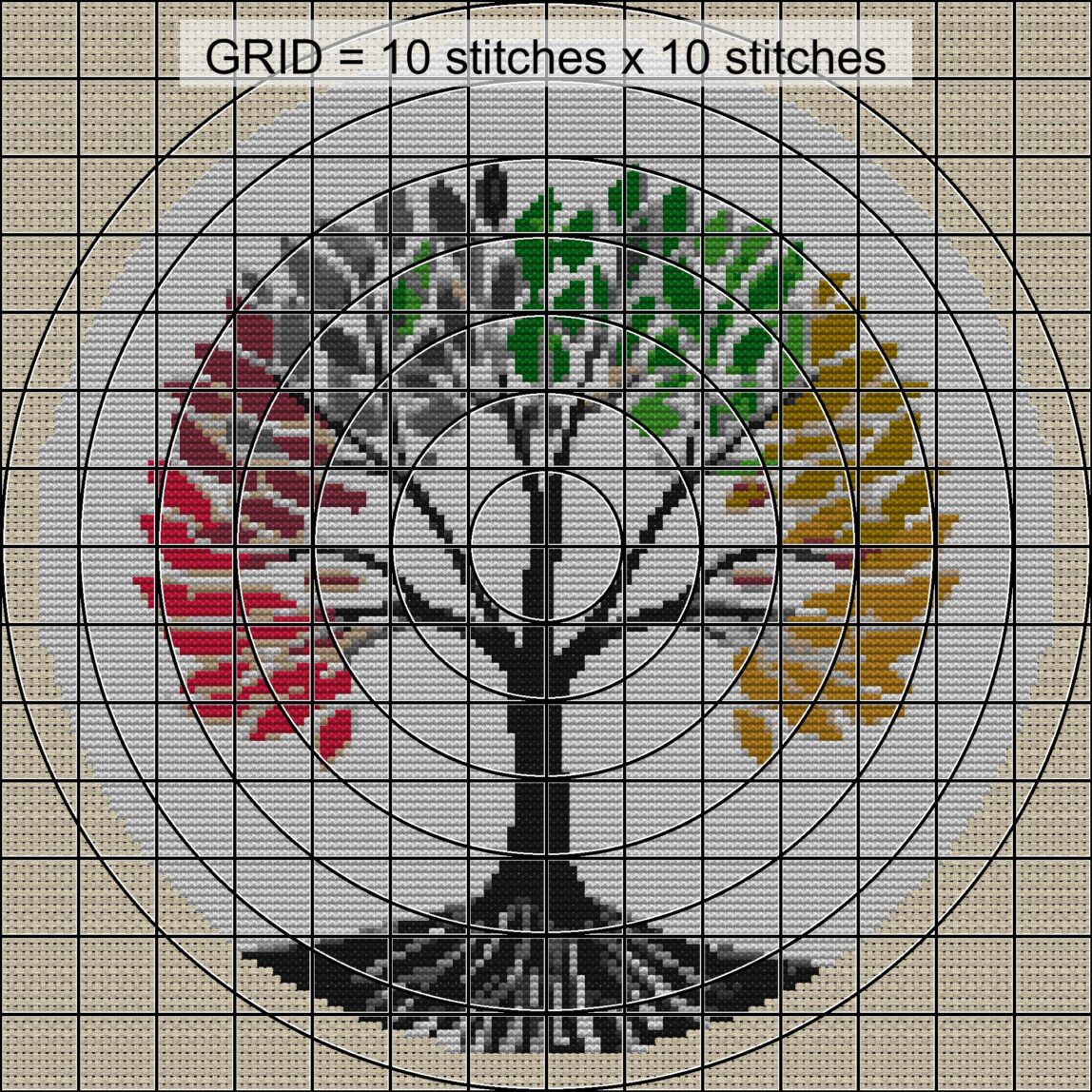 minimal-tree-of-life zoomed stitching detail minimal-tree-of-life close-up cross stitch detail showing color changes, confetti areas and stitch texture
