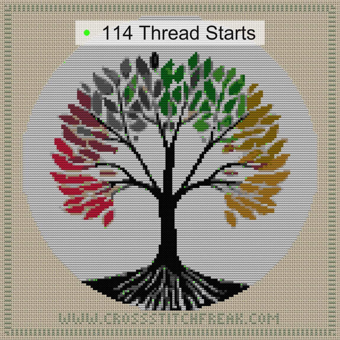 minimal-tree-of-life thread start point map minimal-tree-of-life cross stitch start point map with highlighted thread start positions in the full design