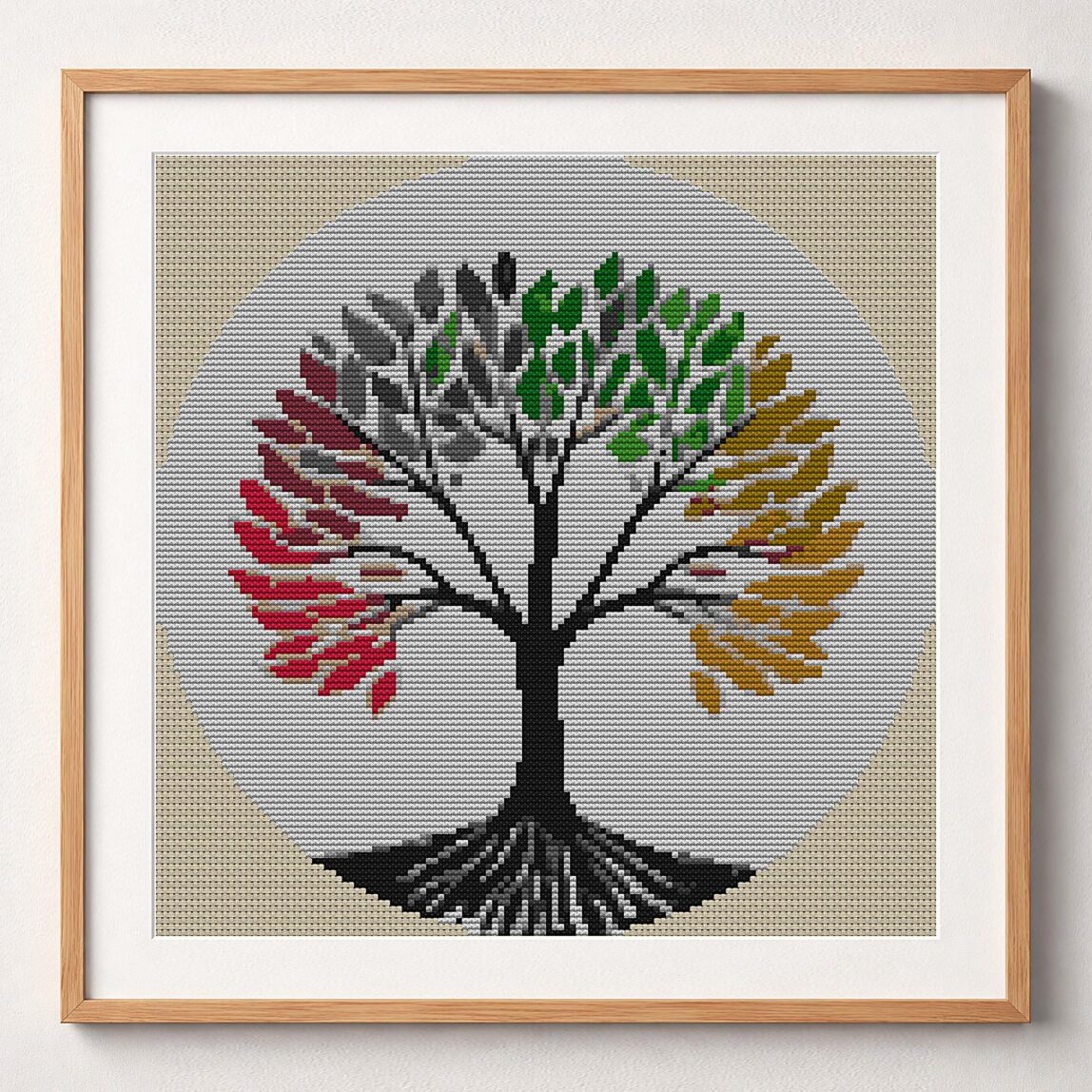 minimal-tree-of-life framed cross stitch mockup minimal-tree-of-life framed cross stitch mockup, realistic finished embroidery design, PDF pattern digital download