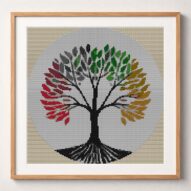 minimal-tree-of-life framed cross stitch mockup, realistic finished embroidery design, PDF pattern digital download