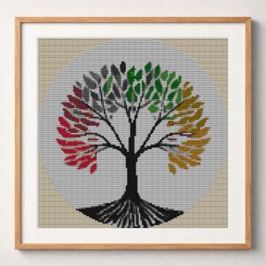 minimal-tree-of-life framed cross stitch mockup, realistic finished embroidery design, PDF pattern digital download