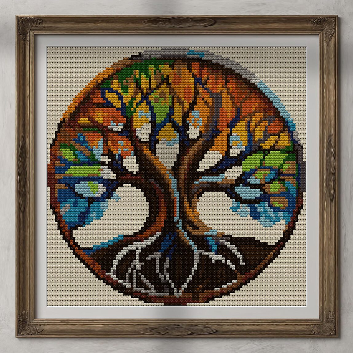 rainbow-tree alternative framed mockup rainbow-tree alternative framed cross stitch mockup, realistic finished embroidery presentation