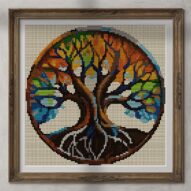 rainbow-tree alternative framed cross stitch mockup, realistic finished embroidery presentation