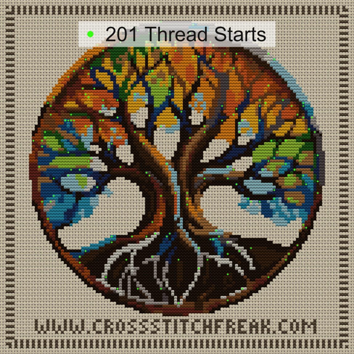 rainbow-tree thread start point map rainbow-tree cross stitch start point map with highlighted thread start positions in the full design