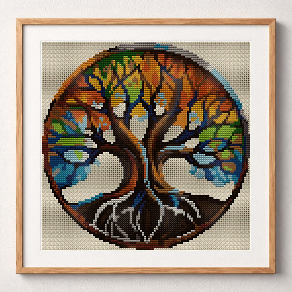 rainbow-tree framed cross stitch mockup, realistic finished embroidery design, PDF pattern digital download