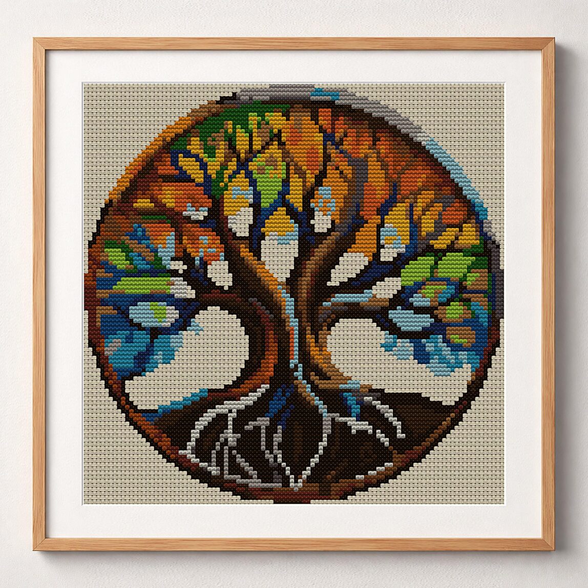 rainbow-tree framed cross stitch mockup rainbow-tree framed cross stitch mockup, realistic finished embroidery design, PDF pattern digital download